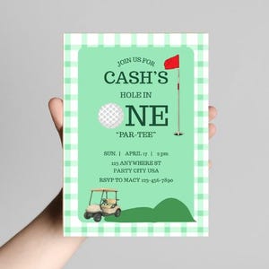 Hole in ONE Birthday Invitation | Golf 1st Birthday Invite | Edytowalny szablon Canva | Motyw imprezy Golf Cart