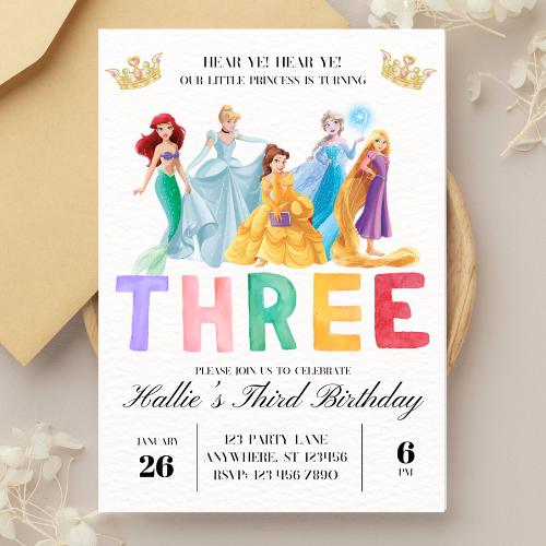 Princess 3rd Birthday Invitation: Fairytale Watercolor Design (Digital Download, Editable Canva Template)