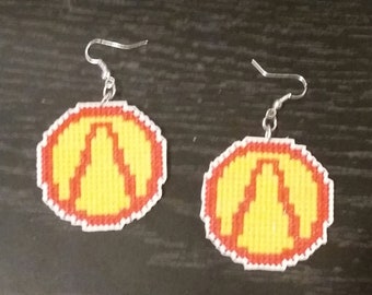 Borderlands Vault logo cross stitch dangle earrings