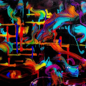 Könnte beinhalten: Abstrakte Malerei auf schwarzer Leinwand. Das Kunstwerk zeigt lebendige Pinselstriche in Rot-, Orange-, Gelb-, Grün-, Blau- und Lilatönen. Die Farbe scheint zu tropfen und zu fließen, wodurch eine dynamische und farbenfrohe Komposition entsteht.