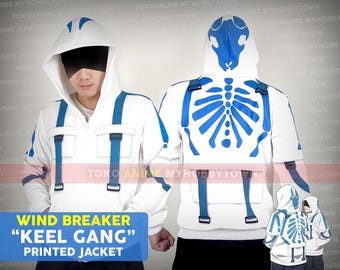 May include: White hooded jacket with blue accents and a skeleton design on the back. The jacket has a zip fastening and a drawstring hood. The text "Wind Breaker" "Keel Gang" "Printed Jacket" is printed on the front of the jacket.
