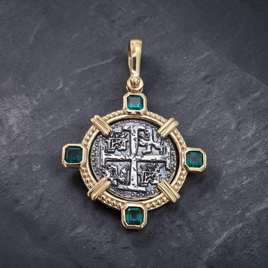Atocha Coin 14kt Gold Overlay Green Emerald Cut Topaz Treasure Coin ...