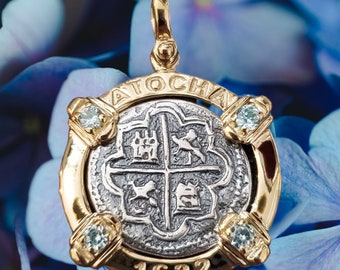 Atocha 1622 14kt gold overlay silver coin pendant with aquamarine bezel museum quality