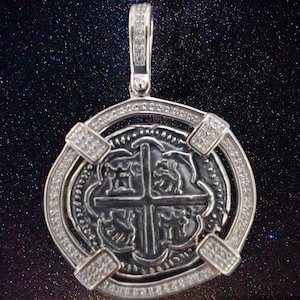 Gorgeous Atocha silver coin with white topaz pave bezel shipwreck treasure coin