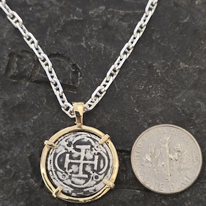 Atocha solid 14kt gold small silver coin with chain