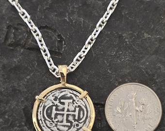 Atocha solid 14kt gold small silver coin with chain