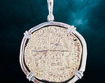 Big Atocha silver coin with 14kt gold vermeil sunken shipwreck treasure