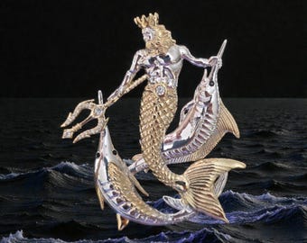 Stunning King of the Sea Pendant – Triton & Marlin Design with Genuine White Sapphires Neptune God ruler of the seas