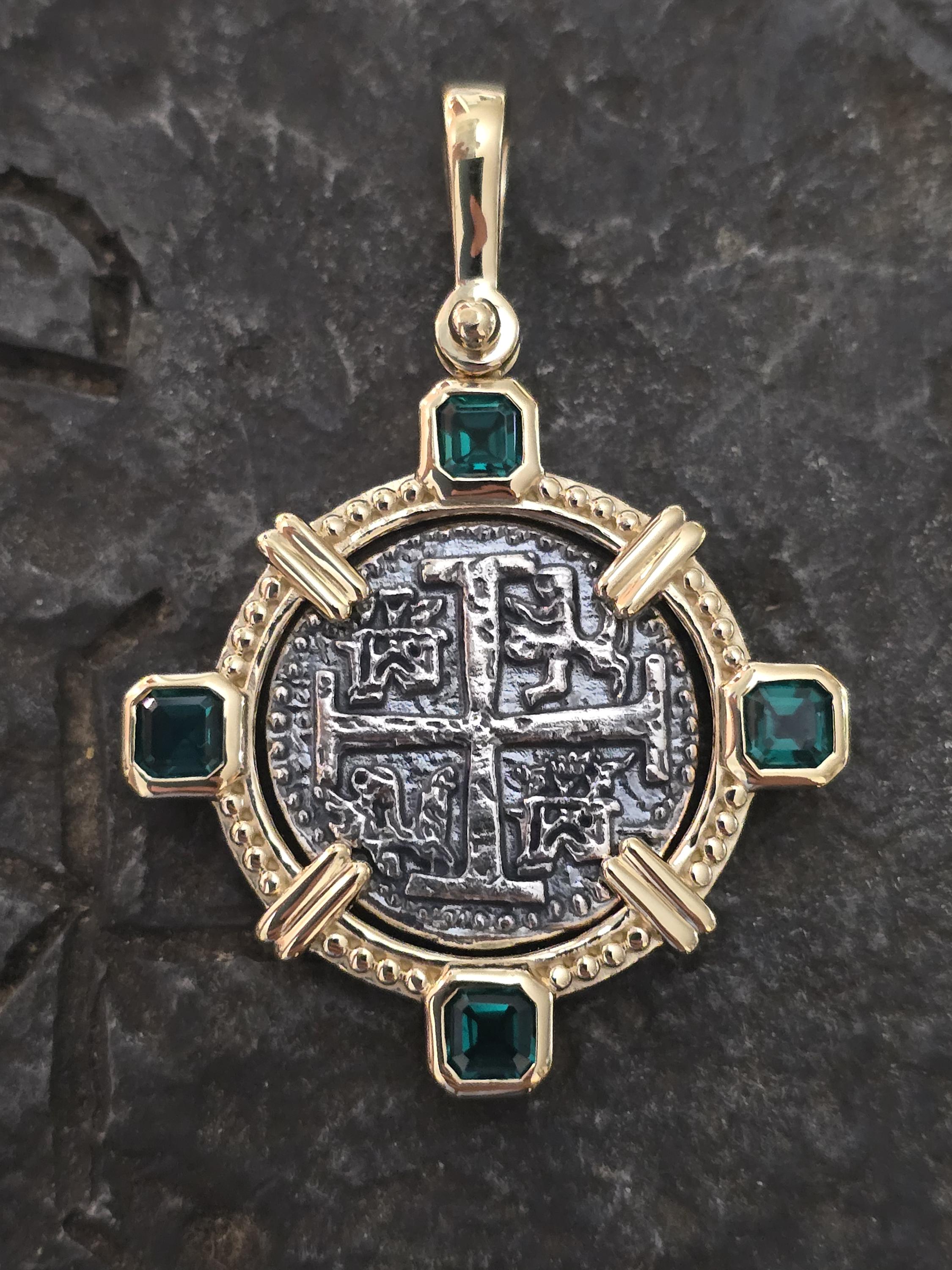 Atocha Coin 14kt Gold Overlay Green Emerald Cut Topaz Treasure Coin ...
