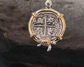 Atocha coin with baby Turtle and chain 14KT vermeil