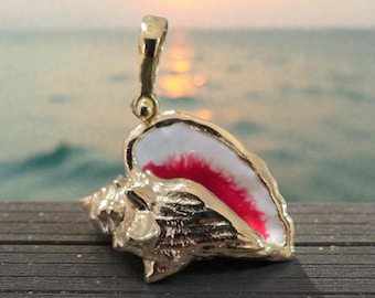 queen conch shell pendant 14kt gold vermeil pink enamel jewelry heavy solid 3D