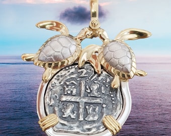 Atocha Silver Replica Coin Pendant: Gold Overlay Double Turtle Bezel