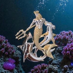 May include: A gold and silver-toned sculpture of a merman with a trident, riding two hammerhead sharks. The merman wears a crown and has a diamond on his chest. The background is a dark blue ocean scene with coral.