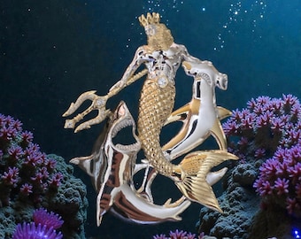 Triton & Shark Pendant – Two-Tone Neptune, White Sapphires