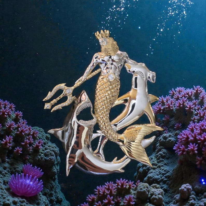 May include: A gold and silver-toned sculpture of a merman with a trident, riding two hammerhead sharks. The merman wears a crown and has a diamond on his chest. The background is a dark blue ocean scene with coral.
