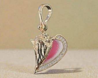 14kt gold vermeil queen conch shell pendant pink enamel with white sapphires