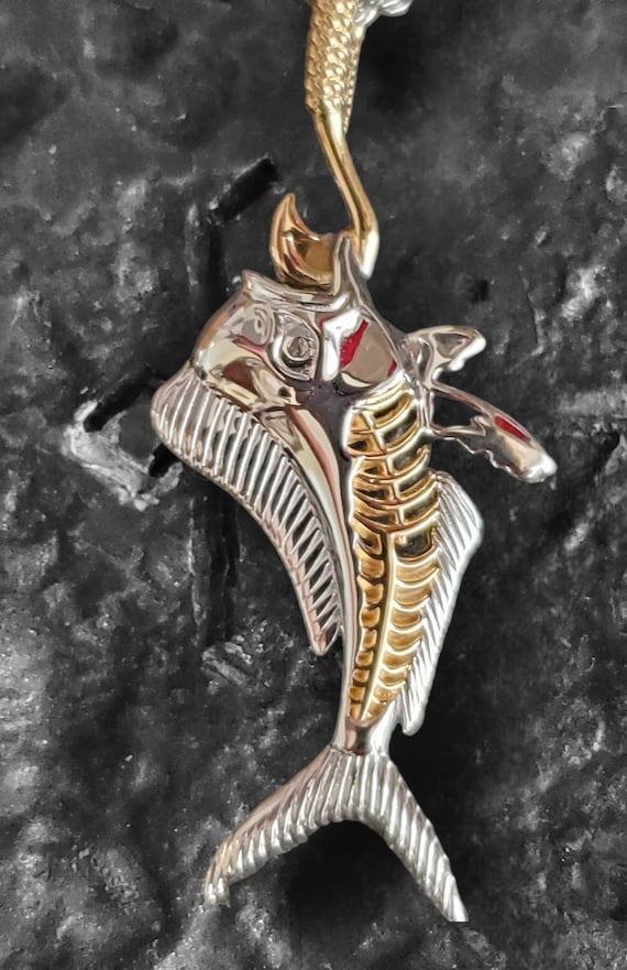 Mahi Mahi Skeleton Fish Jewelry Sterling Silver 14kt Gold Overlay With Chain Hook Pendant Fisherman Jewelry Etsy