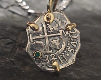Atocha silver and 14kt gold vermeil coin pendant with chain