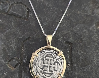 Atocha Silver Coin Necklace: 14kt Gold Frame, Sterling Silver Chain