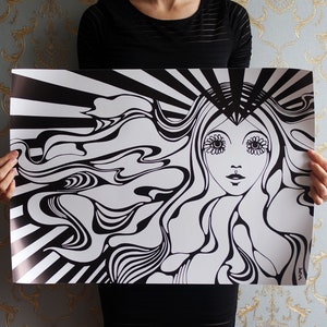 Diosa psicodélica: retrato femenino abstracto en blanco y negro, póster de arte óptico inspirado en los años 60.