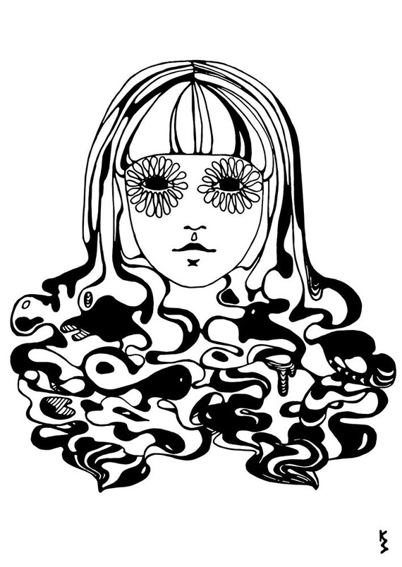 Carte Postale Art Impression Dessin Visage Fille Hippie Fleurs Psychédéliques Noir Et Blanc Monochrome Illustration Wall Art Dessiné à La Main