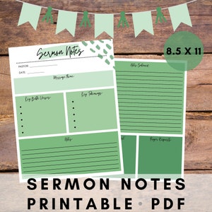 Green Sermon Notes Printable - Digital Download - Church Notes - Worship Notes - Sermon Journal Instant Download