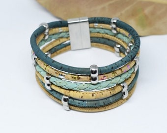 Stacked cork cord bracelets with magnetic ends