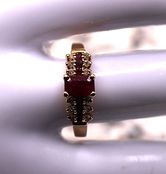 Emerald Cut Ruby with Diamonds Cathedral Tiered R… - image 1