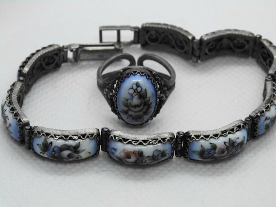 Vintage bezel set filigree cloisonné flowered rin… - image 1