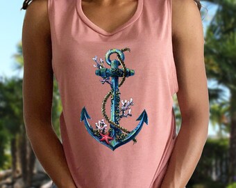 Anchor & Coral Ladies’ Muscle Tank | Nautical Tank | Beach Cover-up Tank | Anchor Clothing | Layering Tank