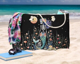 Skeleton Day of the Dead Mermaid Weekender Bag | Mermaid Beach Bag | Día de los Muertos Tote | Unique Gifts for Women | Tropical Tote Bag