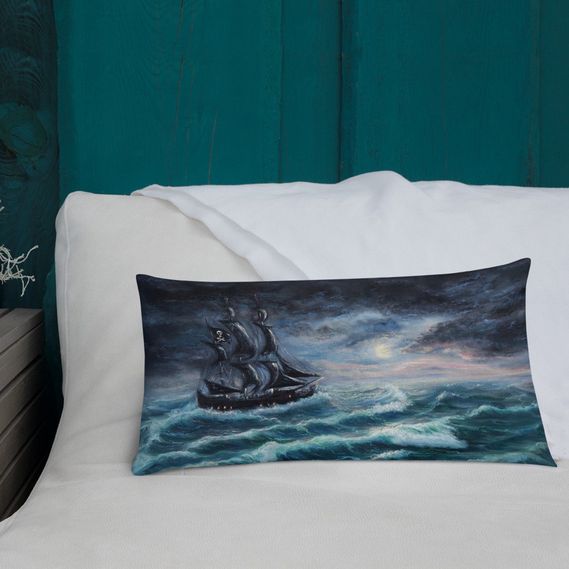 Pirate Ship Under the Moon Lumbar Pillow Nautical Throw - Etsy