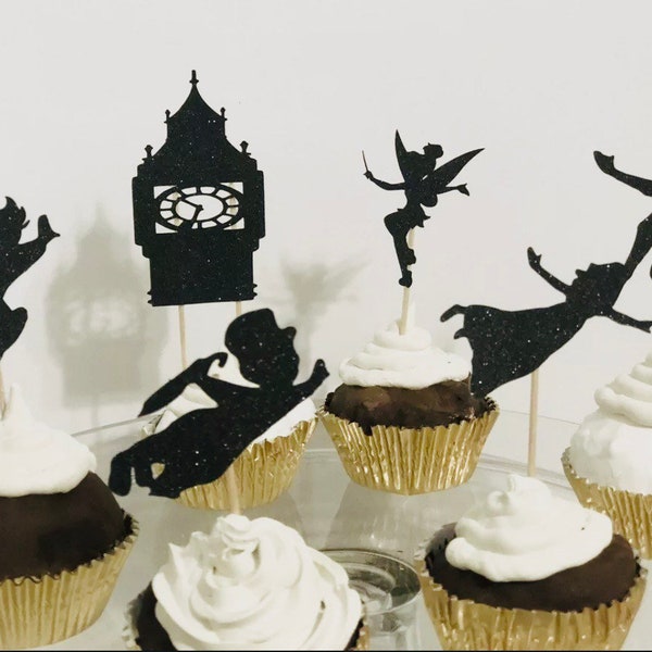 Ready to Ship Onederland Peter Pan Never Grow up Cupcake toppers  Baby Shower  Birthday Decoration Tinkerbell Glitter Black boy girl custom