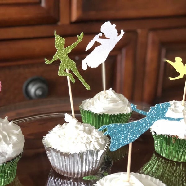 Onederland Peter Pan Two Wild Never Grow up Cupcake toppers  Baby Shower  Birthday Decoration Tinker bell Wend Glitter Colorful boy girl