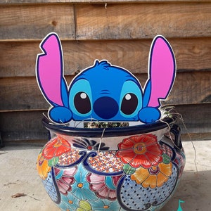 Peeking Stitch Plant Peeker Peek-a-boo Outdoor Home Yard Decor - Little Blue Alien Tropical Walt Disney Inspired Magical Sign for Garden