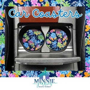 Posavasos para automóvil con diseño floral de Mickey y Minnie de Disney LP en azul marino ~ Castillo de Disney, Main Street USA ~ Juego de 2 posavasos ~ Inspirado en LP