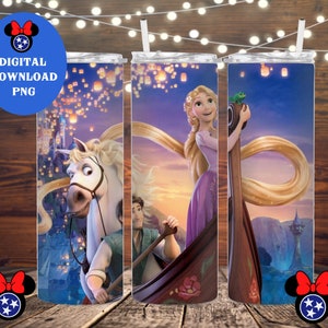 May include: Three stainless steel tumblers with a design featuring Rapunzel and Flynn Rider from the Disney movie Tangled. The design includes Rapunzel's long blonde hair, Flynn Rider, a horse, and floating lanterns.