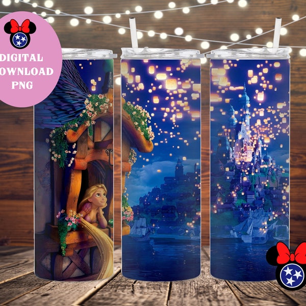 Princess Tower Lanterns PNG 20 oz Skinny Straight Tumbler Wrap Sublimation Design "At Last I See the Light" Cup / Water Bottle