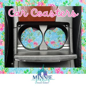 Posavasos para coche con diseño floral de Mickey y Minnie en azul y rosa de Disney LP, diseño de palmera tropical, castillo de Disney, Main Street USA, juego de 2 posavasos inspirados en LP