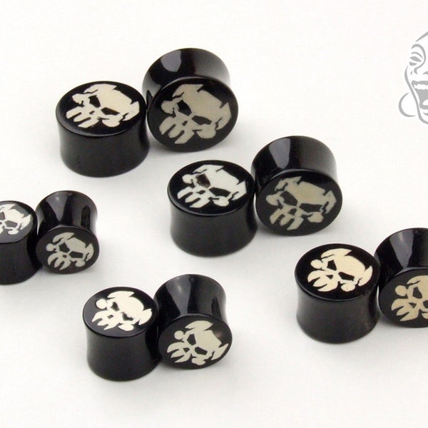 Plugs en Cornes de Buffle avec Incrustation Motif Crane de Chien en PMMA, Dispo en 12/ 14/ 16/ 18/ 20 millimètre