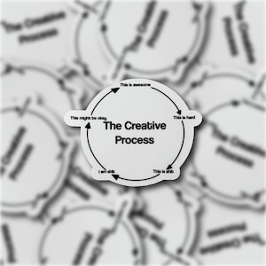 May include: A black and white circular sticker with a diagram of the creative process. The diagram shows four stages: "This might be okay", "This is awesome", "This is hard", and "This is shit". The text "The Creative Process" is in the center of the circle.