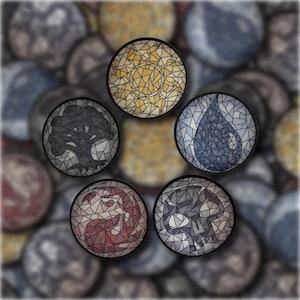 May include: Five round, stained glass style patches with different designs. The designs are a sun, a tree, a teardrop, a skull, and a dragon. The patches are all black with a white outline.