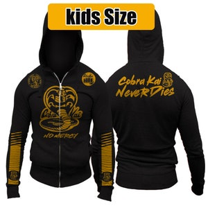 Youth Size Cobra Kai Never Dies No Mercy Adult Zip-Up Hoodie Sponsored Edition Sweep The Leg Karate Kid 80&#39;s Kids Size