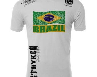 Brazil Flag World Cup Team Flag Soccer Stryker MMA Fight Gear Adult 100% ringspun cotton T Shirt White with Black Logos
