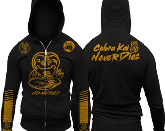 Cobra Kai Never Dies No Mercy Adult Zip-Up Hoodie Sponsored Edition Sweep The Leg Karate Kid 80&#39;s
