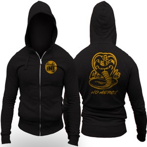 Cobra Kai No Mercy Chest Patch Adult Zip-Up Hoodie Sponsored Edition Sweep The Leg Karate Kid