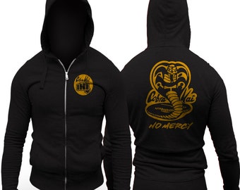 Cobra Kai No Mercy Chest Patch Adult Zip-Up Hoodie Sponsored Edition Sweep The Leg Karate Kid