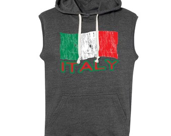 Italy Italian Flag Fifa World Cup Soccer Team Sleeveless Pullover Hoodie Hooded Sweatshirt Black Heather Brand New