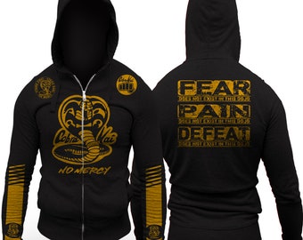 Cobra Kai No Mercy Pain Fear Defeat Does Not Exist Adult Zip-Up Hoodie Sponsored Edition Sweep The Leg Karate Kid