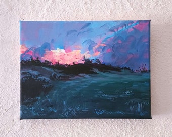 Twilight Hill, pintura acrílica sobre lienzo, arte paisajístico colorido, 24x18cm